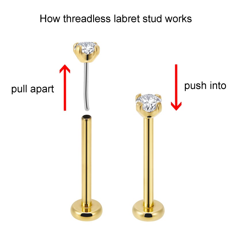 NewkeepsR 2PCS-0.8mm(20g) Titanium Gold Plated Press Fit Threadless Push Pop In Labret Lip Monroe Tragus Smallest Flatback Earring Studs W/2.0mm Round Cubic Zirconia - Image 2
